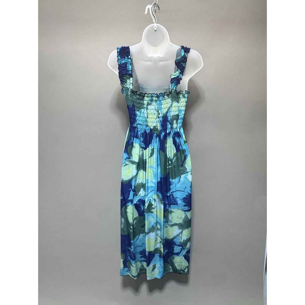 The Drop Smocked Floral Maxi Dress Square Neck Strappy Blue Green XL