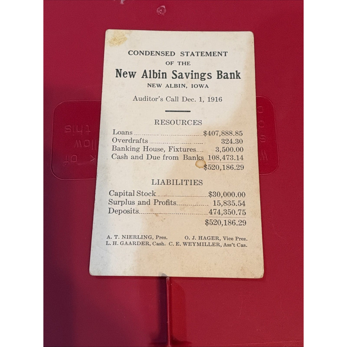 1916 New Albin Savings Bank Iowa Condensed Statement Card Banking Ephemera