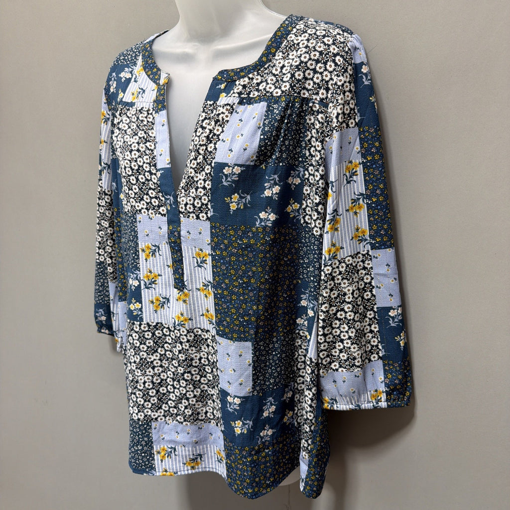 ANN TAYLOR LOFT Blouse M Blue Sheer Patchwork Boho Ditzy Fairy Floral Top