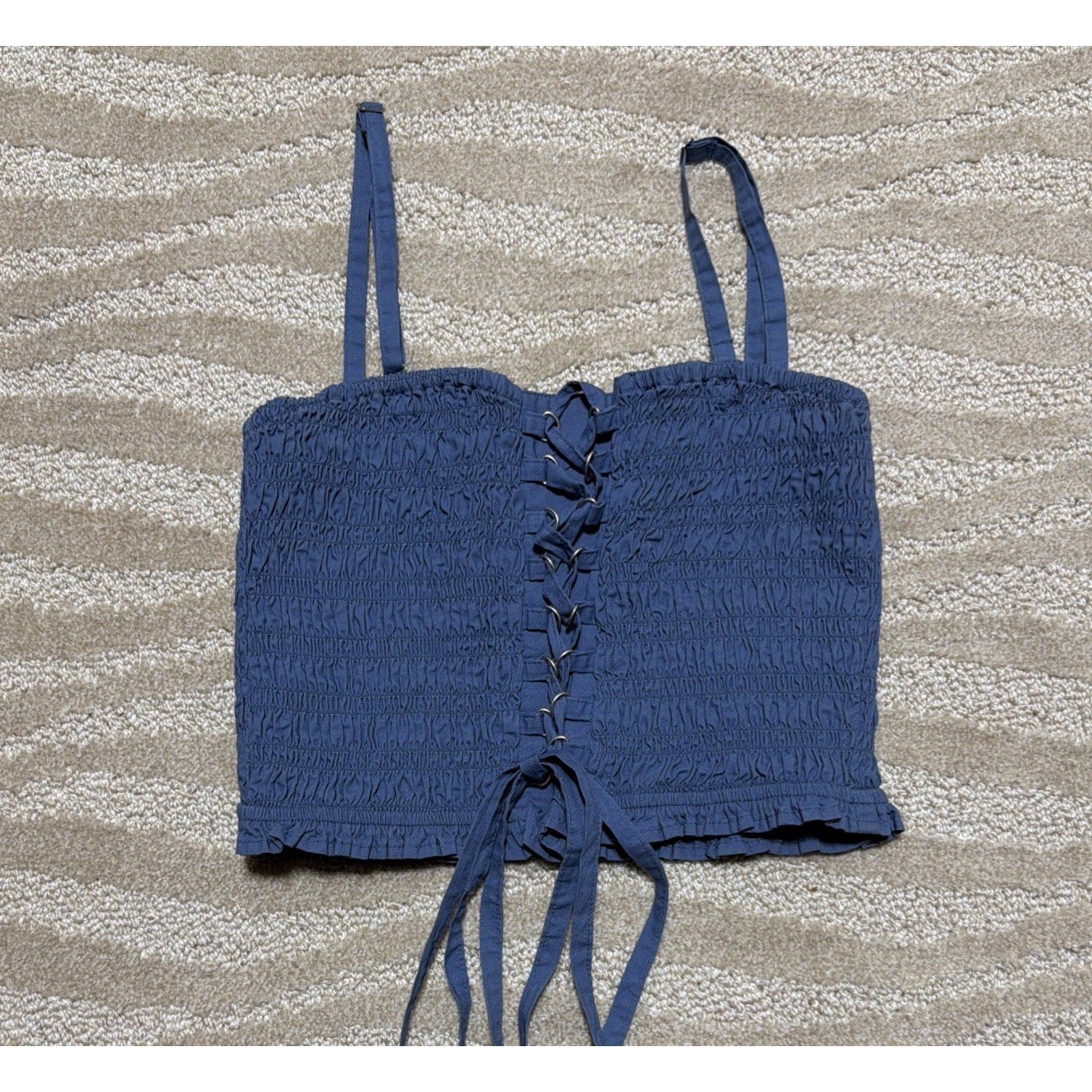 American Eagle (S) Smocked Shirred Crop Chambray Tank Top Blue Convertible