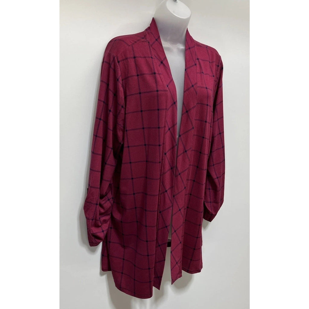 Kim Rogers Women Fuschia Check Roll Tab Sleeve Cardigan Size 1X