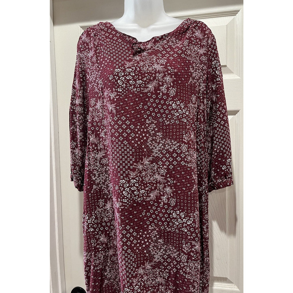 Old Navy Burgundy 3/4 Sleeve Floral Sheath Midi Dress Women's Size Medium