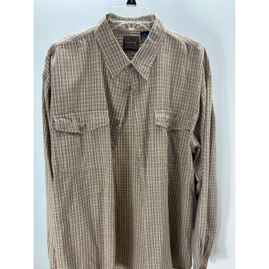 USF Mens XXL 100% Cotton Plaid Button Short Sleeve Shirt Vertical MFG