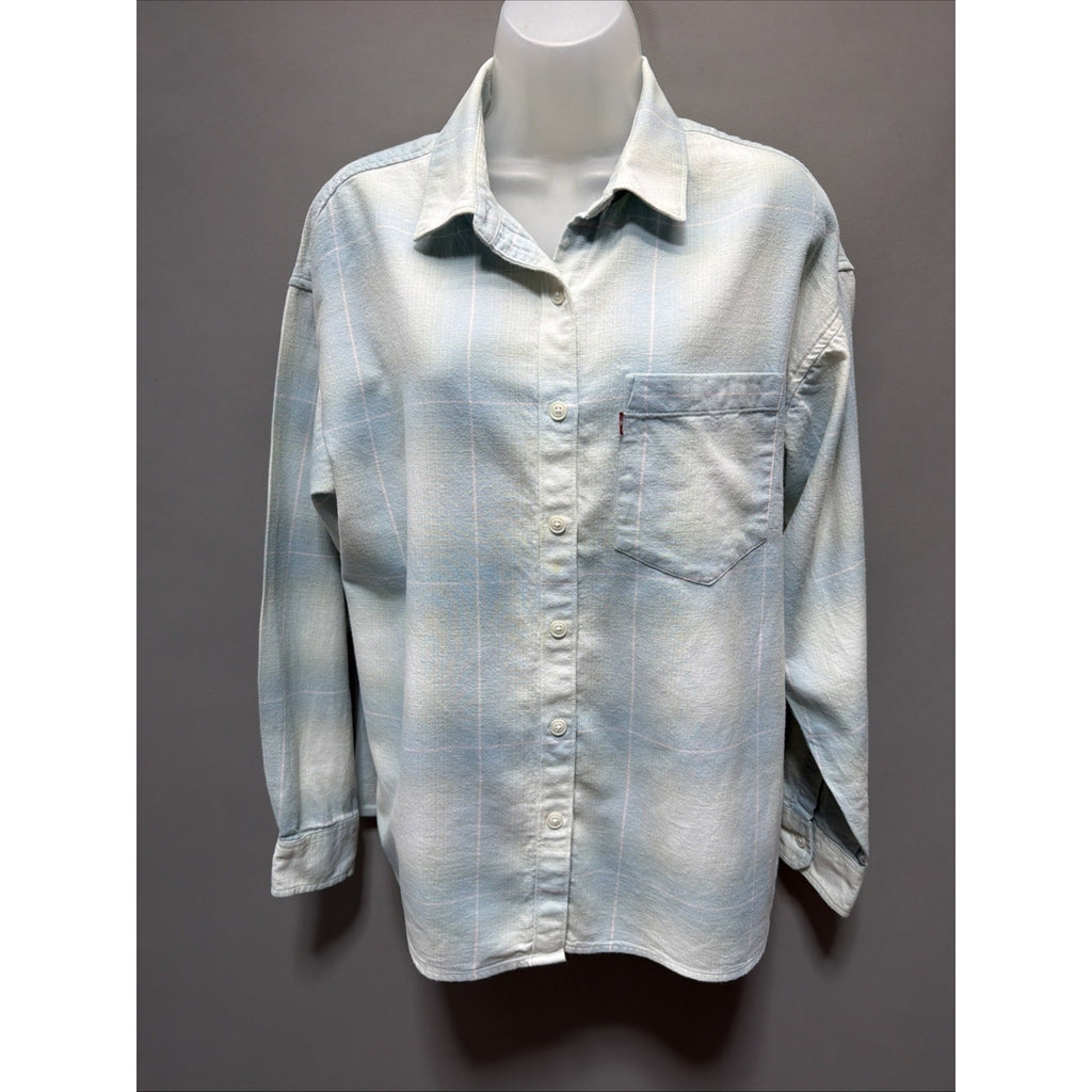 Levi's WoMen's Blue White Plaid Flannel Button-Up Shirt Long Sleeve M