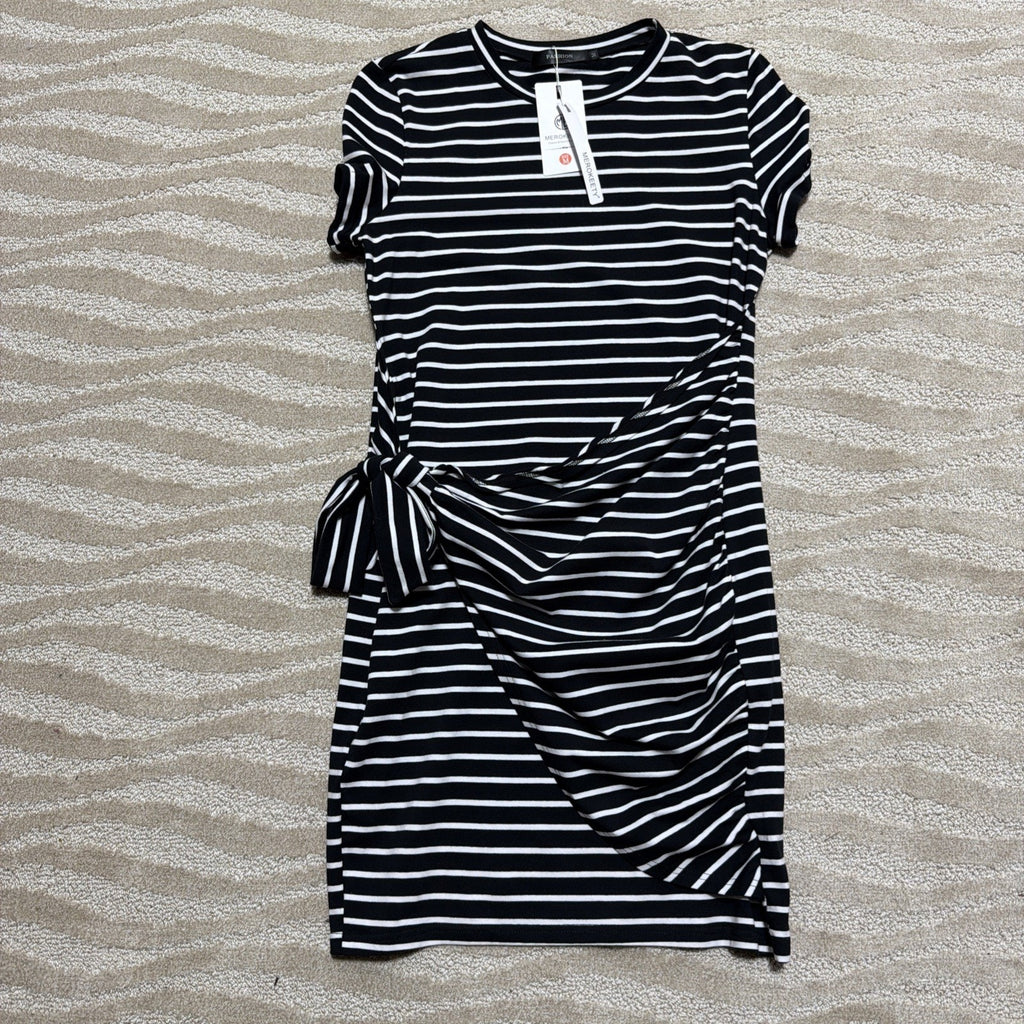 NWT Merokeety Blue White Stripe Short Sleeve Tie Waist Stretch Dress SIZE M