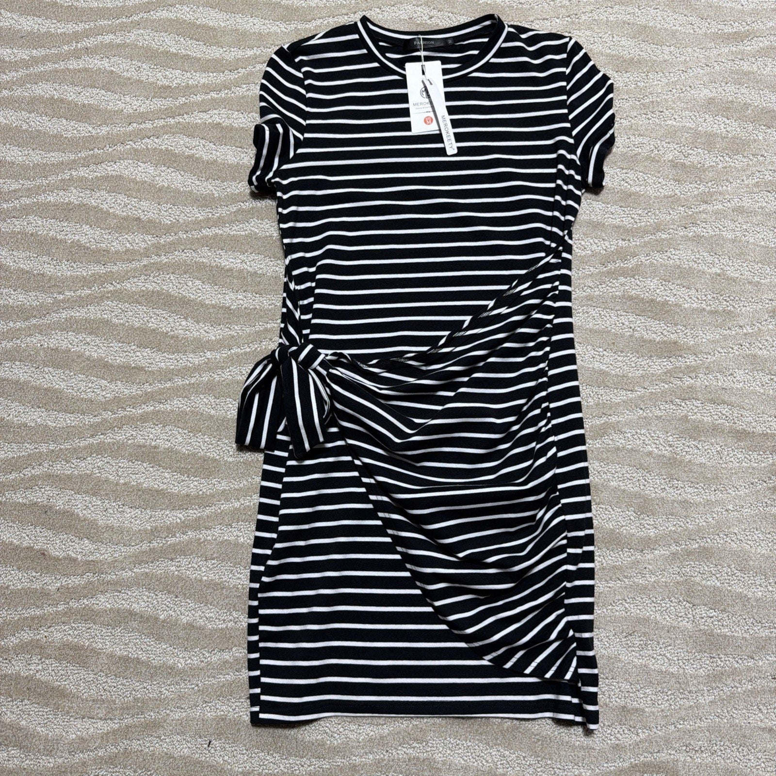 NWT Merokeety Blue White Stripe Short Sleeve Tie Waist Stretch Dress SIZE M