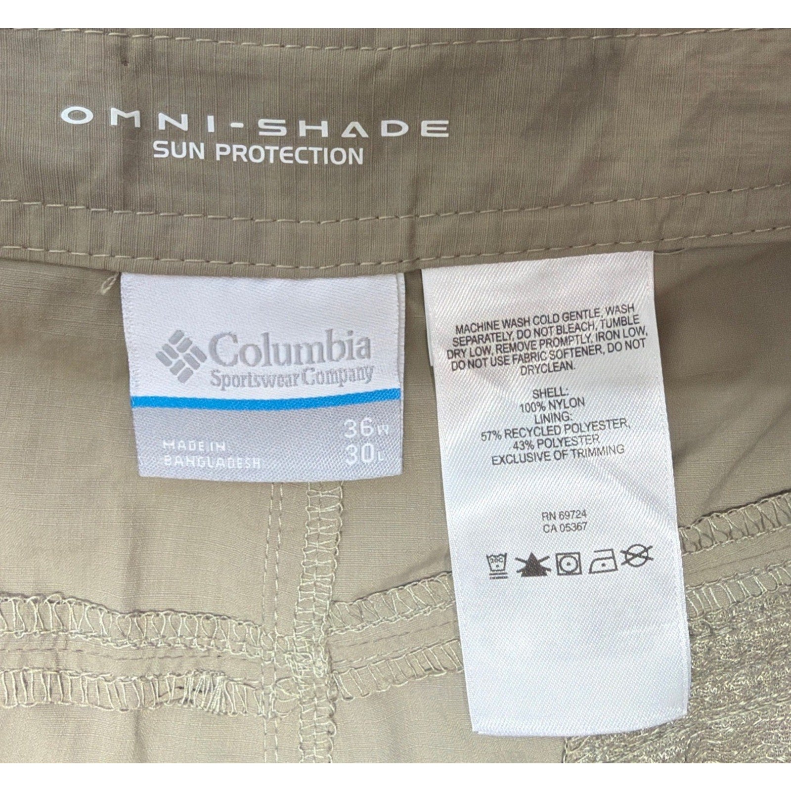Columbia Omni-Shade Beige Sun Protection Pants Cargo 36x30 Outdoors Fishing