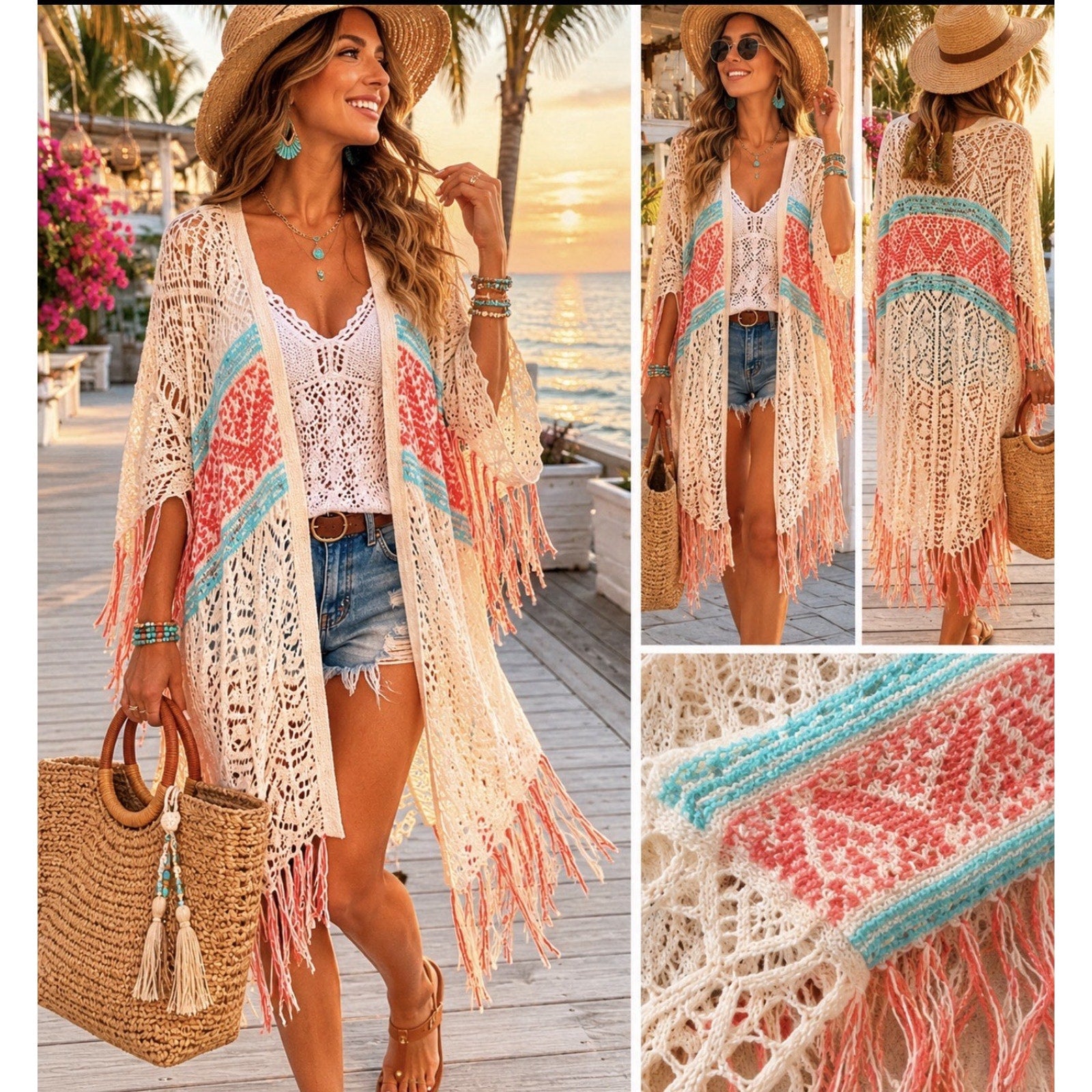 Crochet Fringe Boho Festival Duster Cardigan L Coastal Western Indie NWT