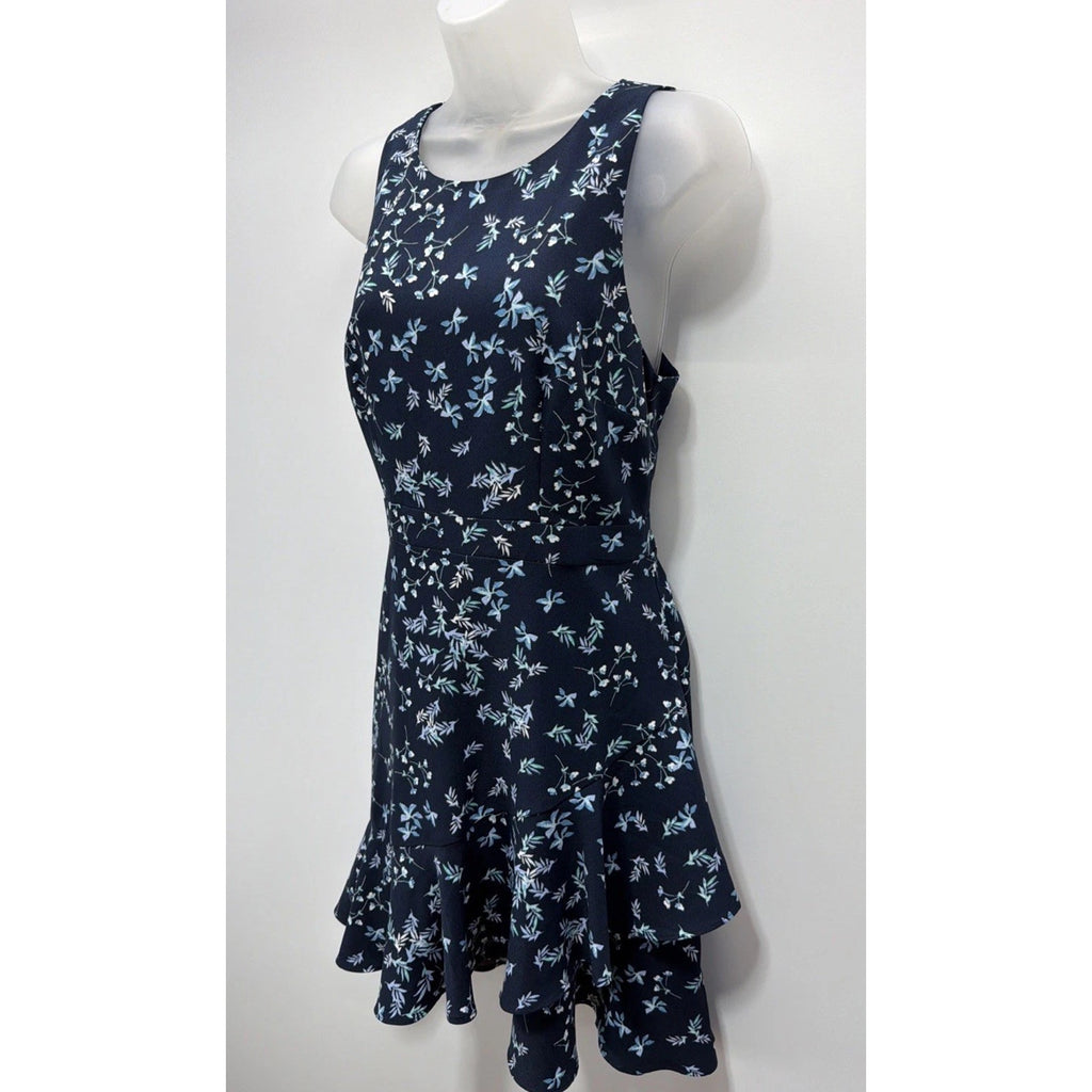 Banana Republic Navy Blue Floral Strap Ruffle Hem Sheath Dress Sz 8 Petite