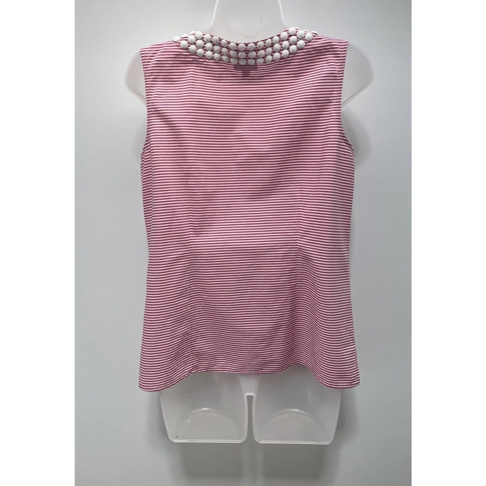 Talbots Women 6 Large Pink White Striped Beaded V-Neck Sleeveless Top Stretch
