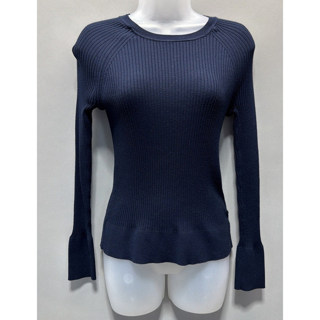 Banana Republic Womens Solid Navy Blue Bell Sleeve Ribbed Knit Sweater Top M