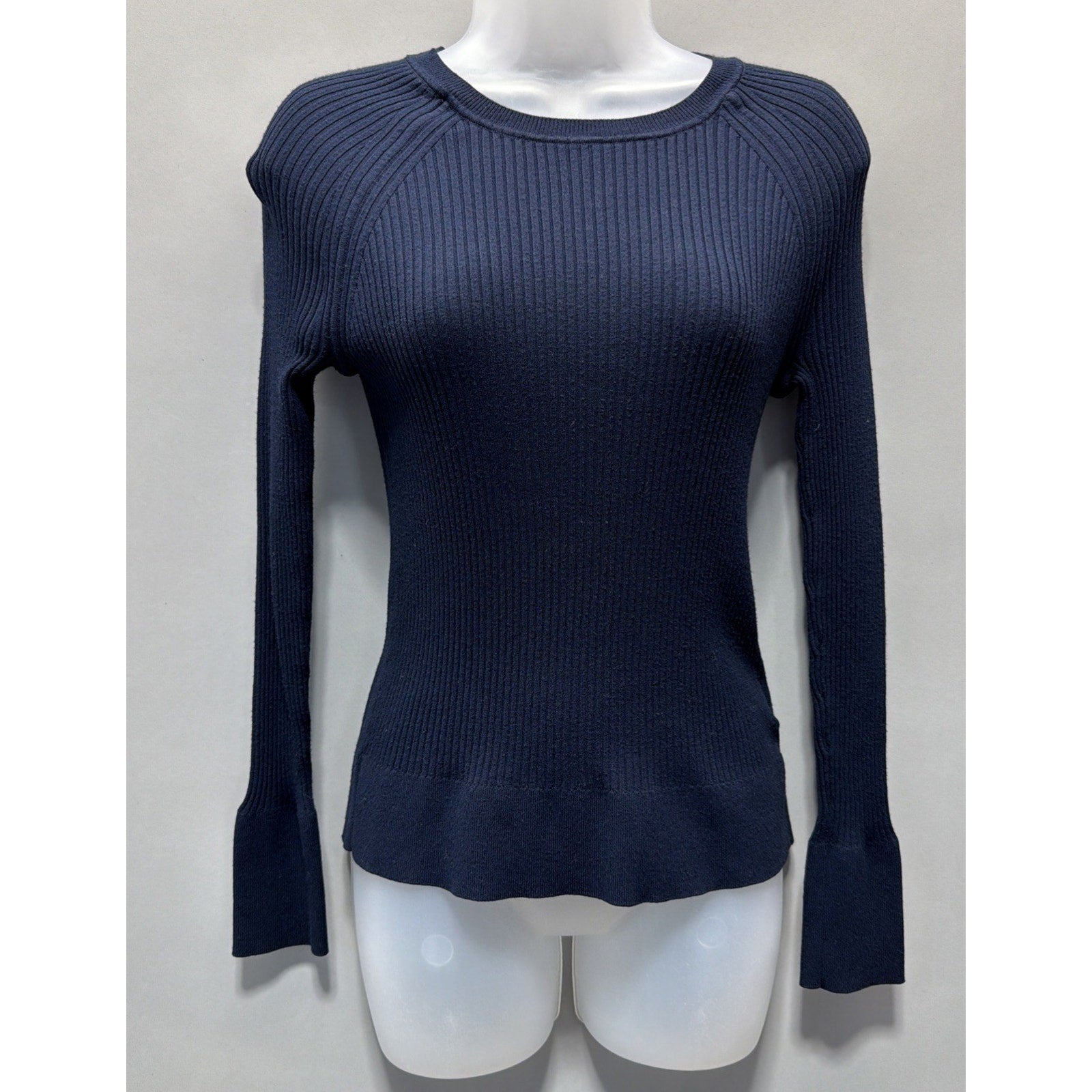 Banana Republic Womens Solid Navy Blue Bell Sleeve Ribbed Knit Sweater Top M
