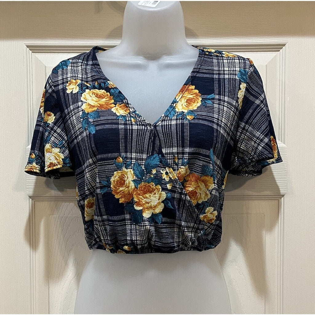 Discreet Blue Plaid Floral V-Neck Short Sleeve Crop Top Women's Size Small