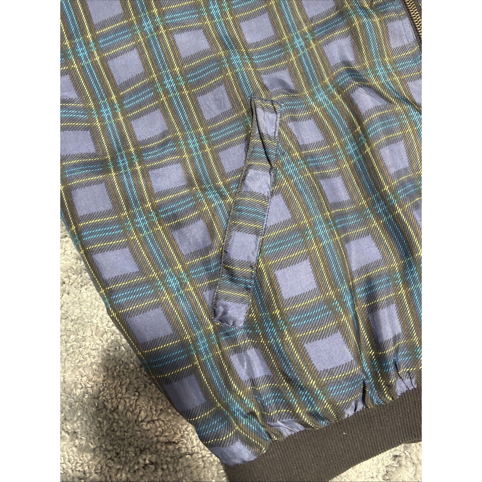 Vintage 80s Protest 100% Silk Plaid Bomber Jacket Pockets Size Large