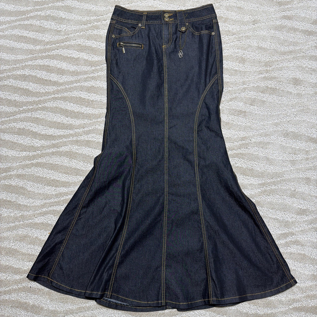 BISOU BISOU sz 4 Flared Denim Mermaid Long Jean Skirt Michele Bohbot Dark Denim