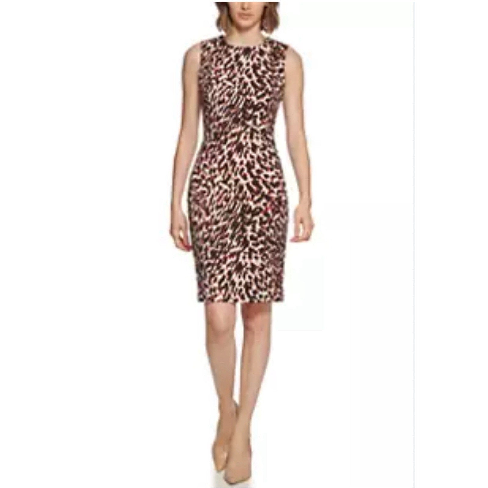 Calvin Klein Sleeveless Crew Neck Animal Print Scuba Sheath Dress Size 8