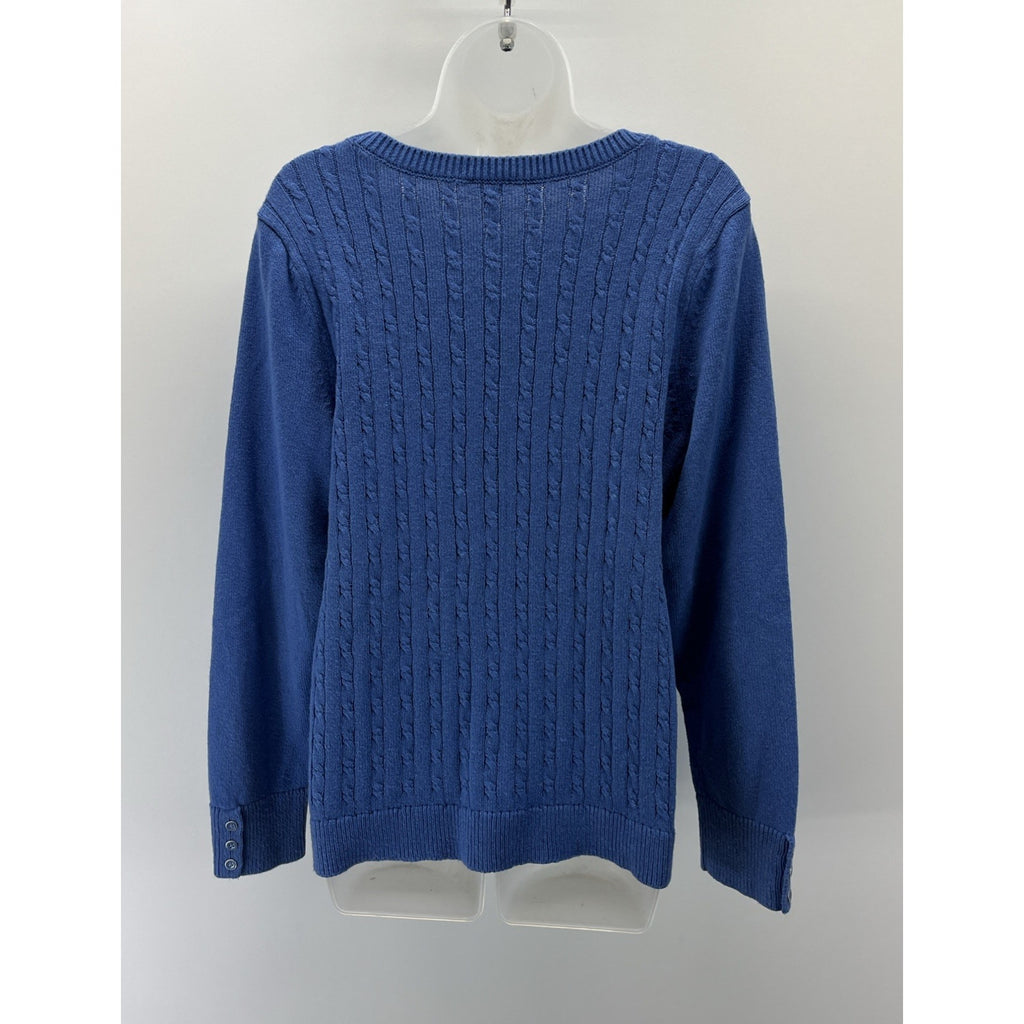 TALBOTS Soft Cable Knit Crewneck Sweater Blue Size XL Button Sleeve Detail