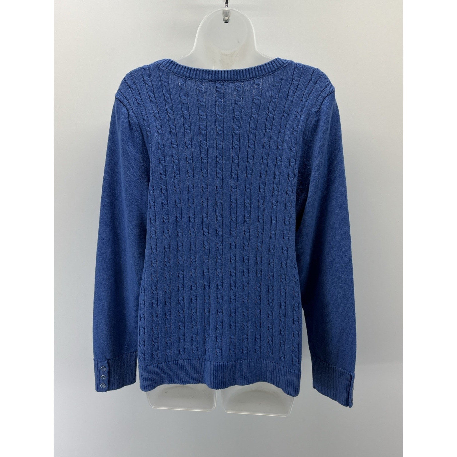 TALBOTS Soft Cable Knit Crewneck Sweater Blue Size XL Button Sleeve Detail