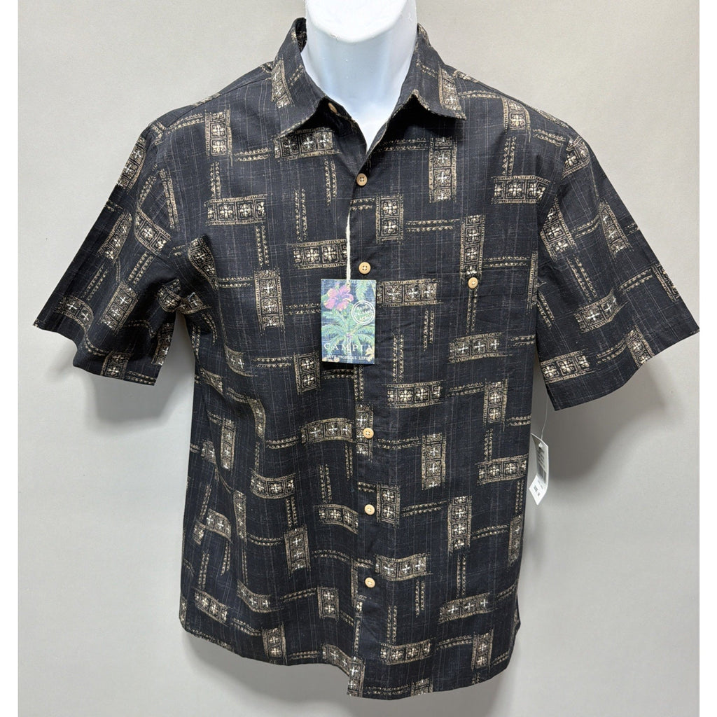 Campia Hawaiian Shirt Men’s Size M Floral Black Button Short Sleeve Cotton Mens