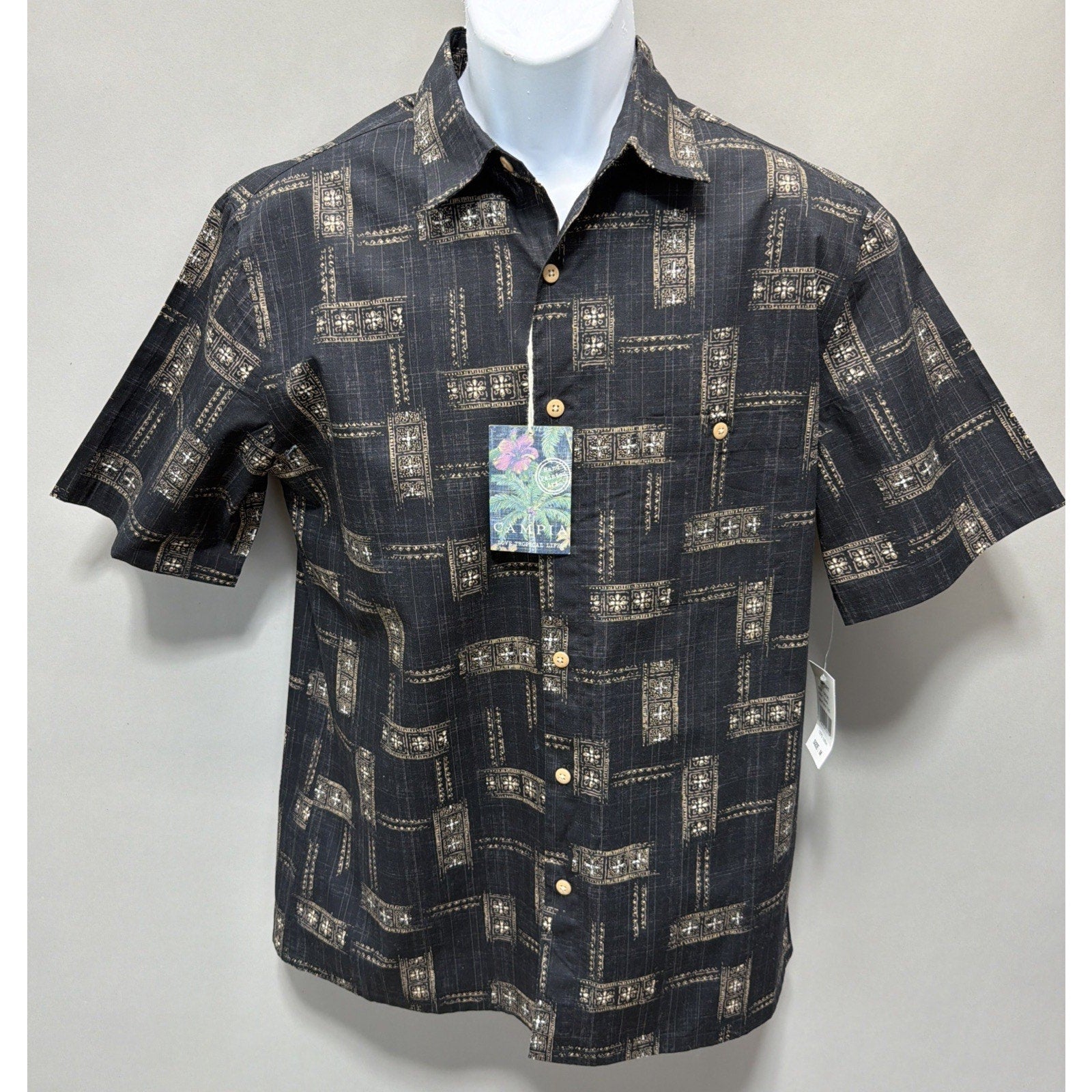 Campia Hawaiian Shirt Men’s Size M Floral Black Button Short Sleeve Cotton Mens