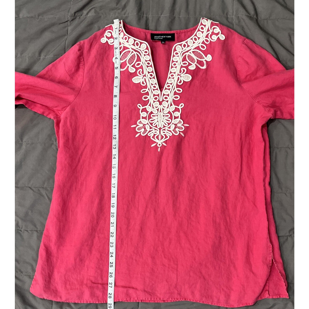 Jones New York Embroidered 100% Linen 3/4 Sleeve V Neck Blouse Pink Sz XL