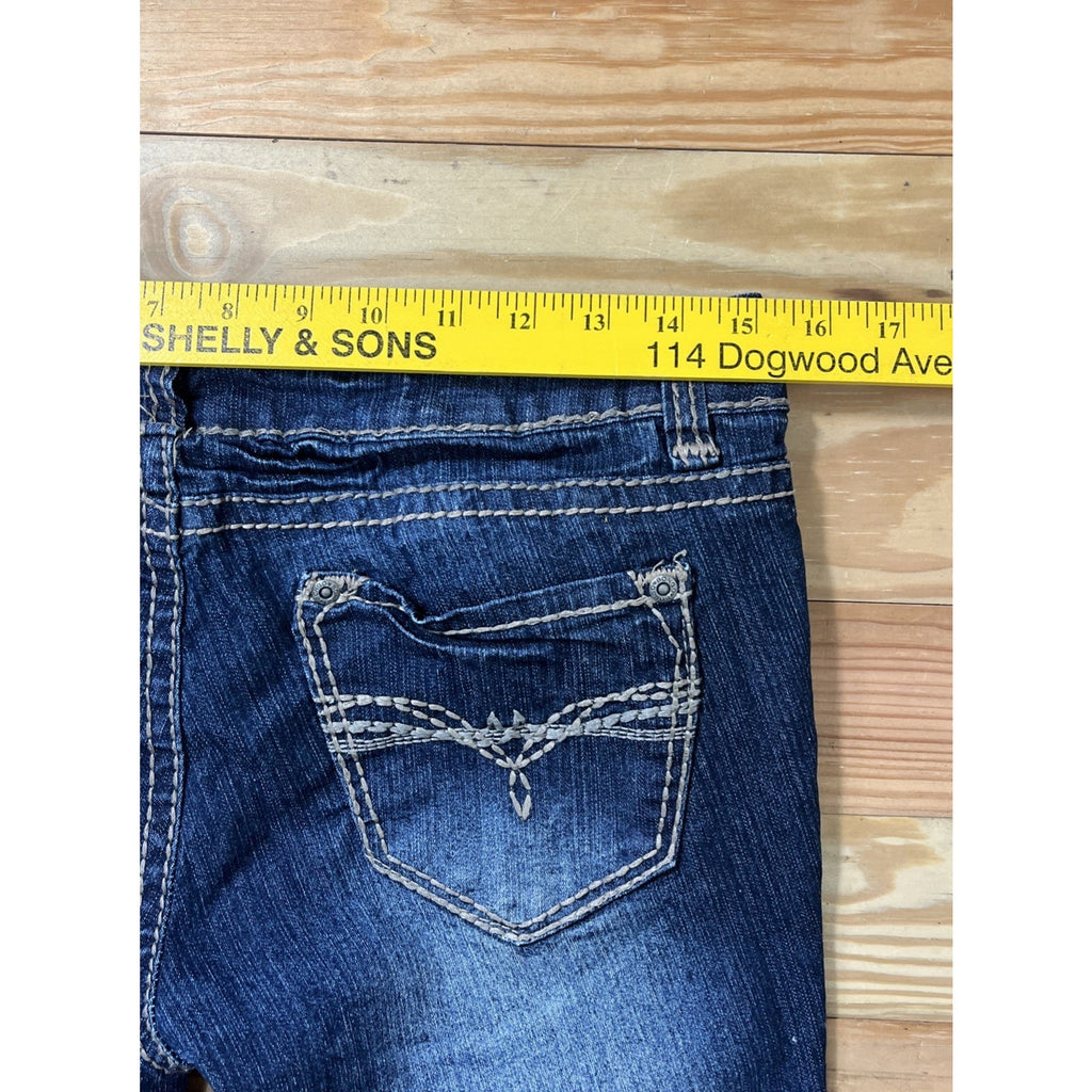 Bongo Jeans Women's 9 Flirty Bootcut Leg Stretch Whiskering Crinkle Wrinkle Dark