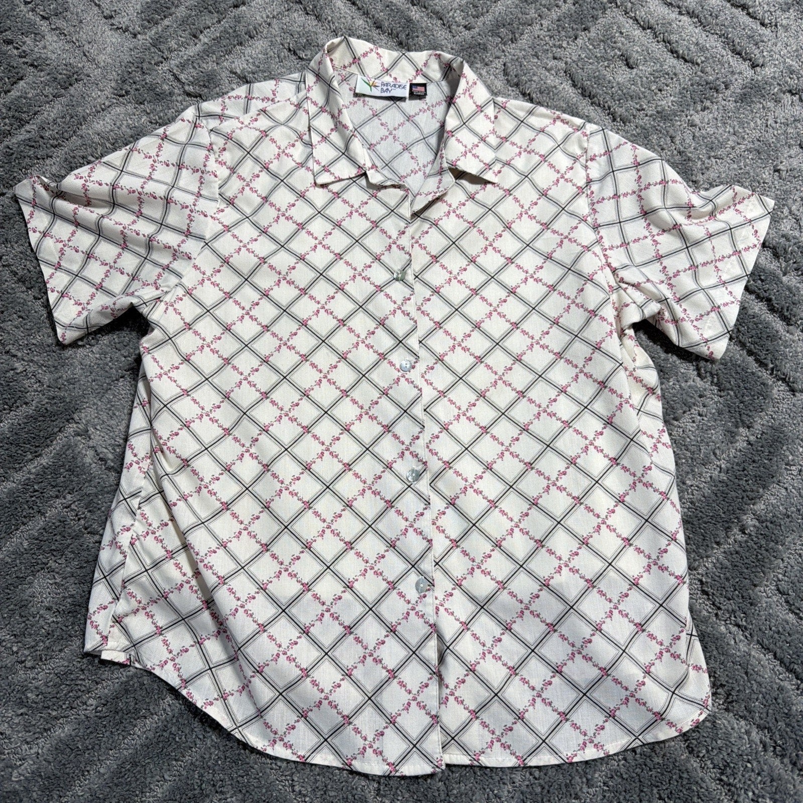 Paradise Bay Vintage Beige WOMENS SZ XL Floral Button Short Sleeve Made USA