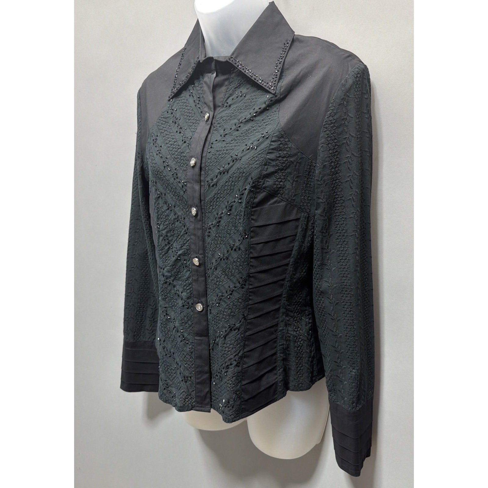 Vtg Black Cat LA Black Lace Ruffled Long Sleeve Embellished Embroidered Top M