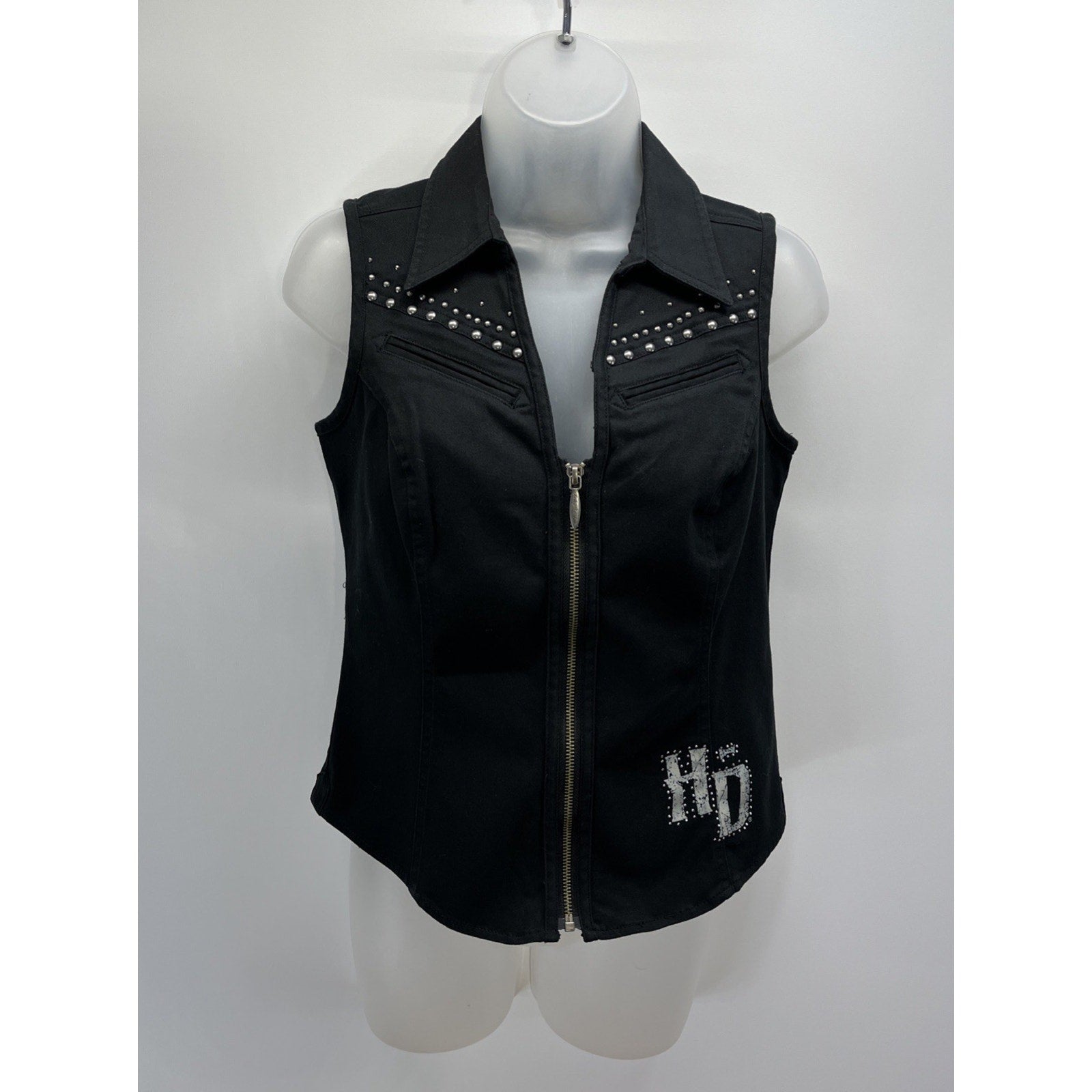 Harley Davidson Studded Rhinestones Denim Vest Size S Full Zip Front