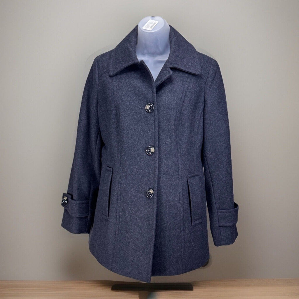 Women's PL London Fog Wool Blend Dark Charcoal Button Front Pea Coat Medium EUC