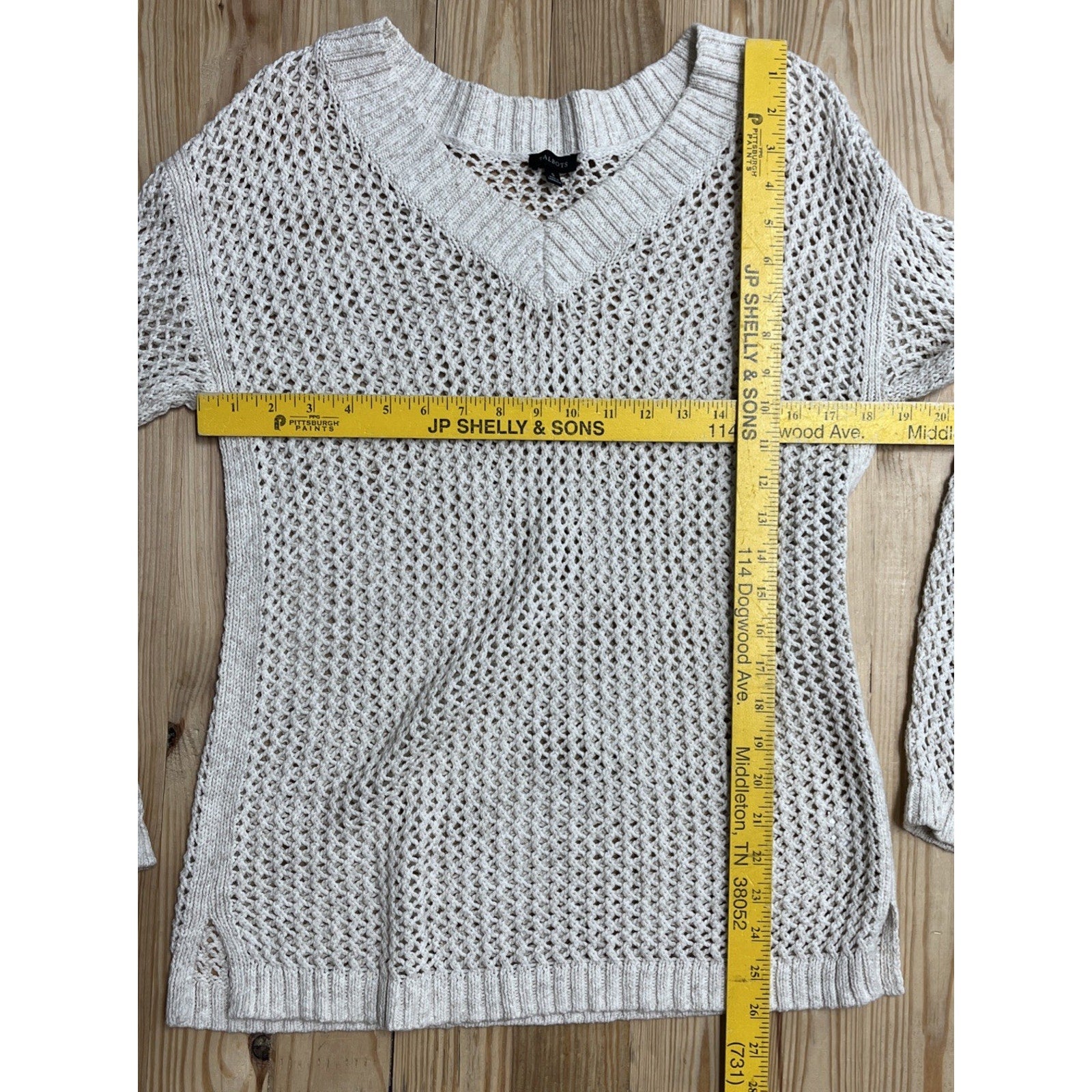 Talbots Oatmeal Chunky Knit Open Knit Crochet V-Neck Long Sleeve Sweater S