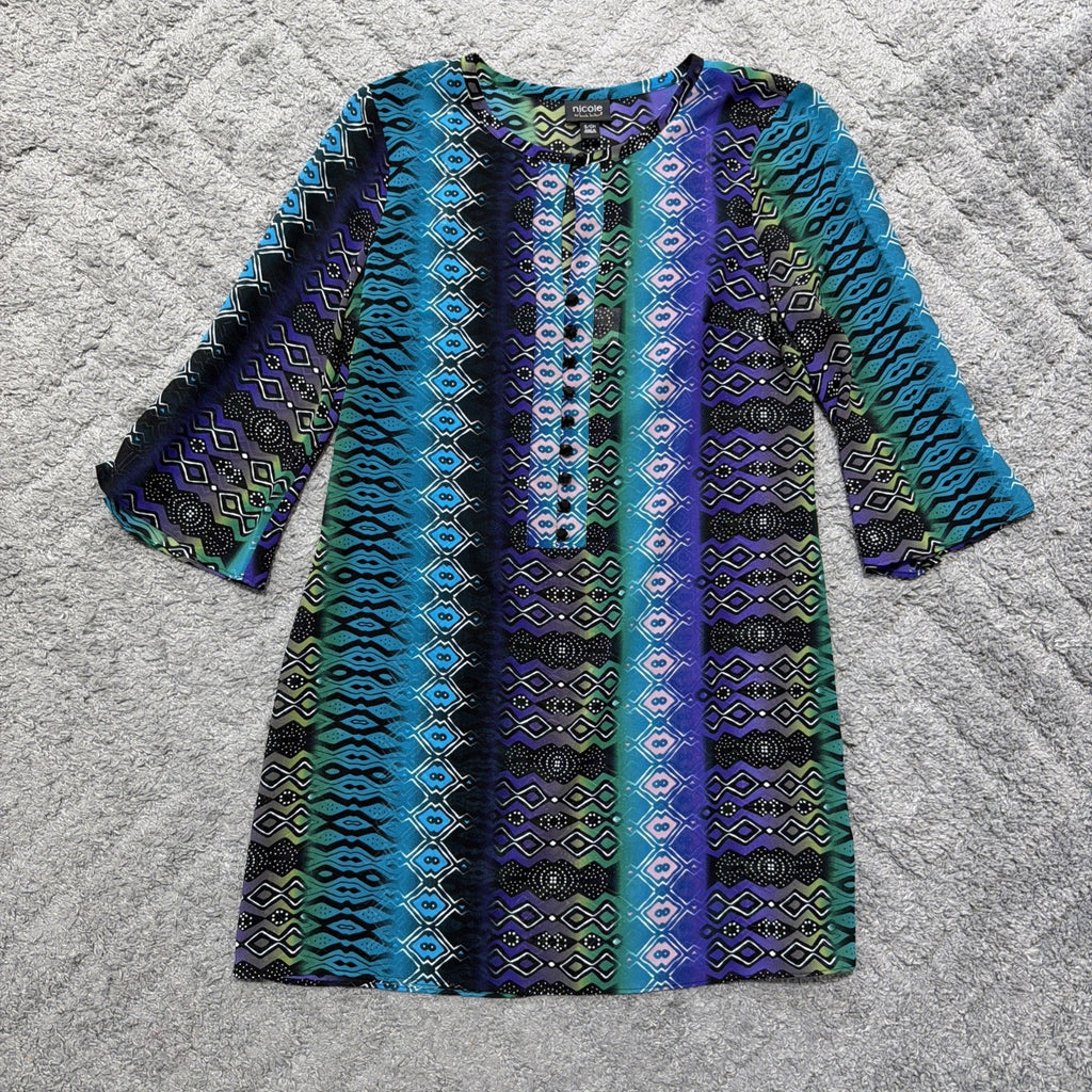 Nicole Miller Blouse Womens Small Tunic Geometric Keyhole Neckline 3/4 Sleeve