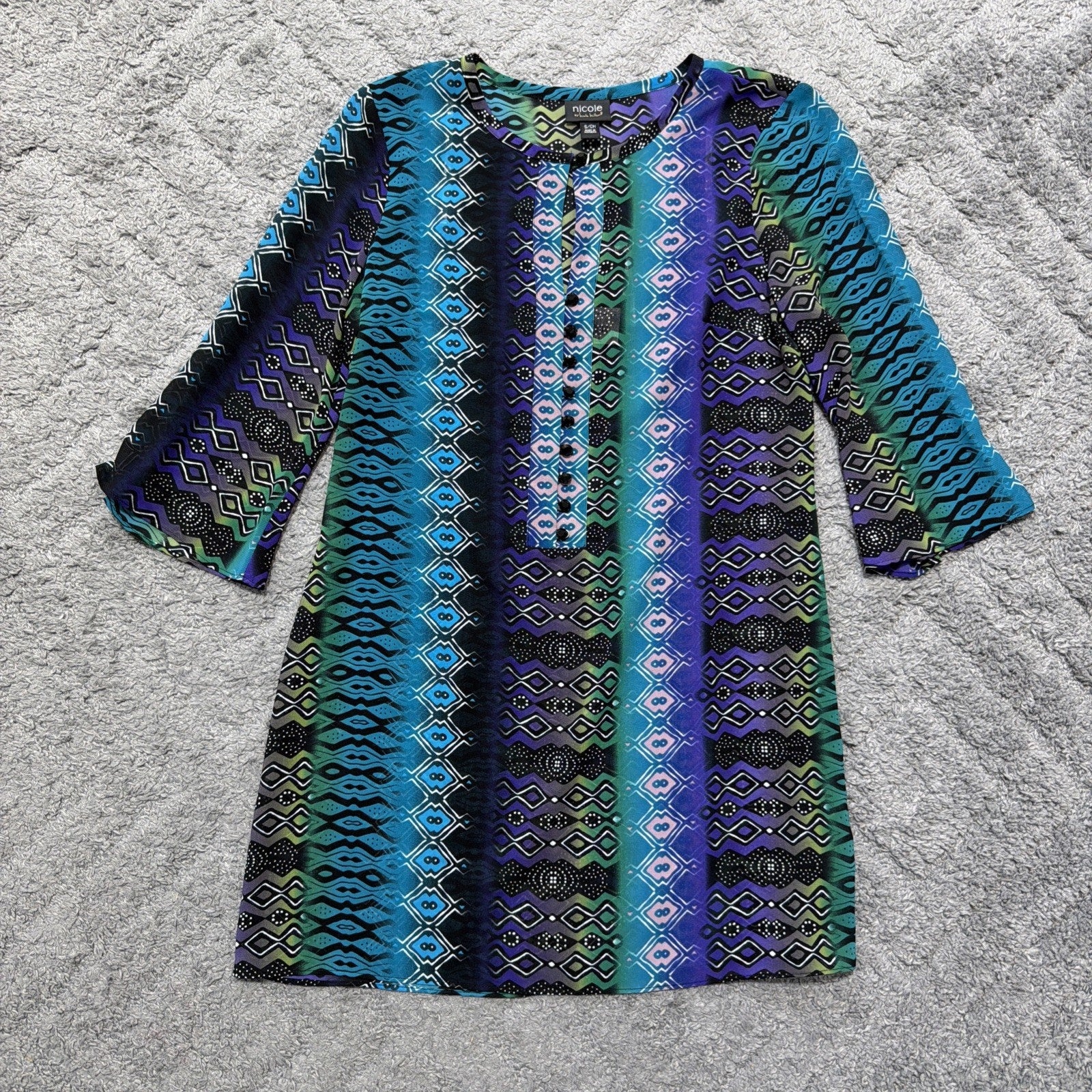 Nicole Miller Blouse Womens Small Tunic Geometric Keyhole Neckline 3/4 Sleeve
