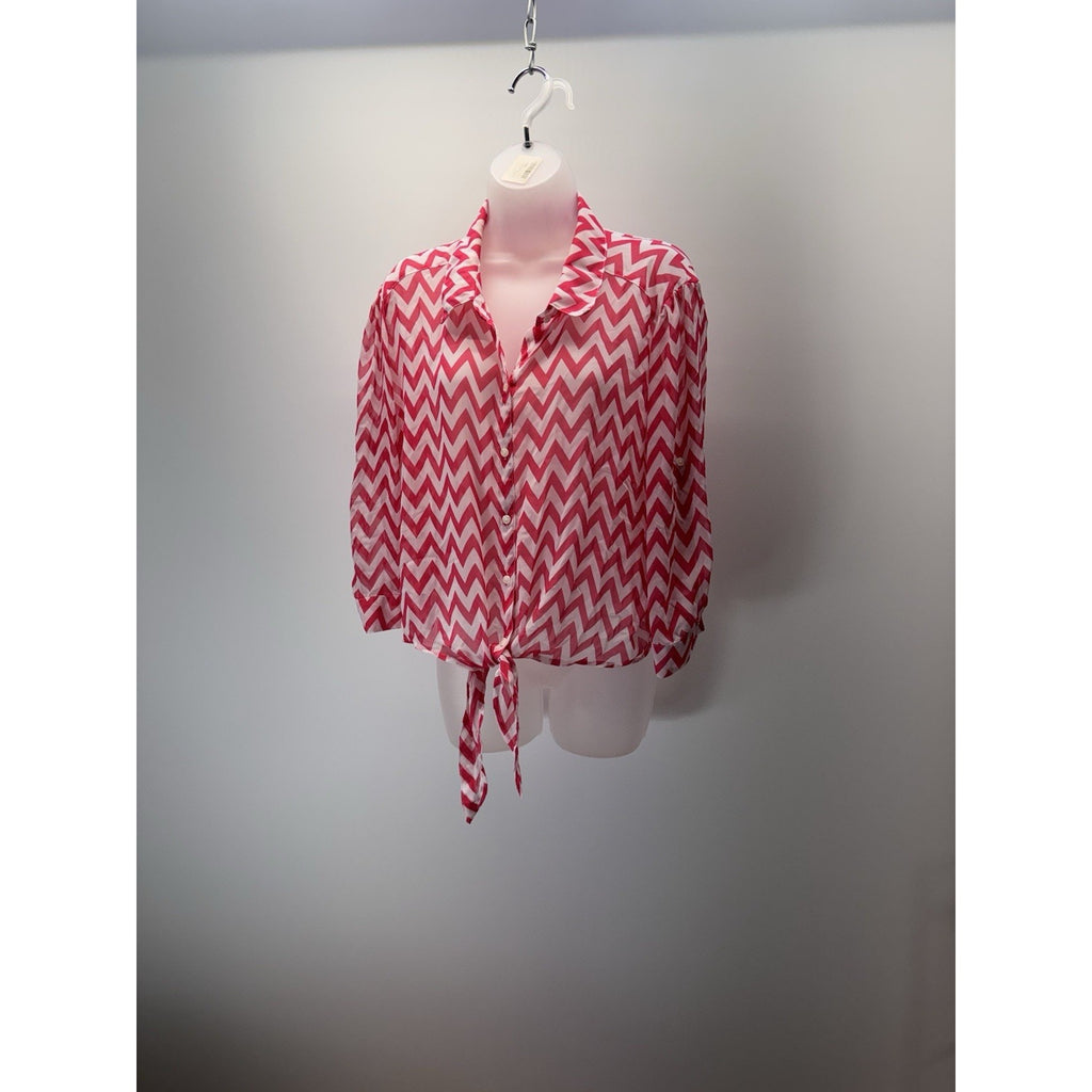 NO BOUNDARIES Women’s Large Chevron Hot Pink XXL Zig Zag Tie Front Blouse