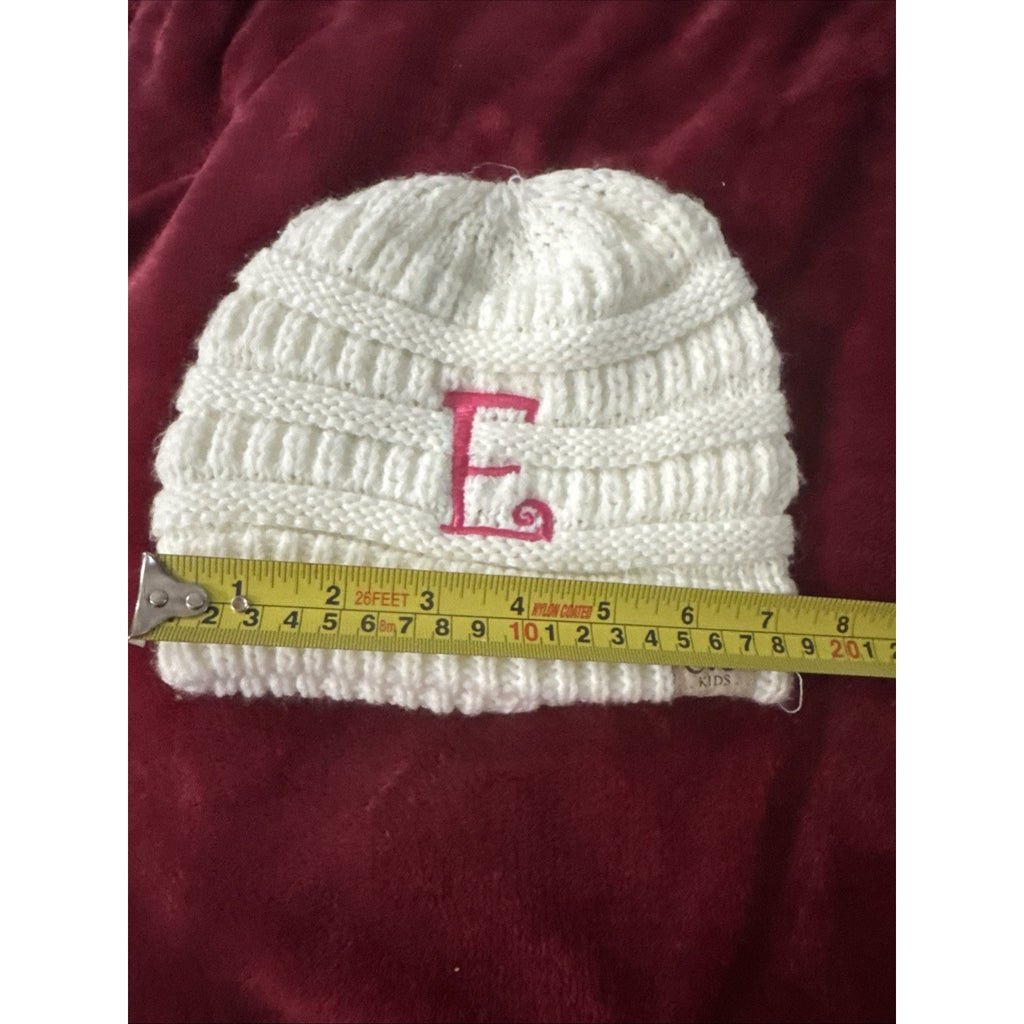 C.C Kids Girls Ivory Cable Knit Beanie Pink E Monogram Winter Hat One Size