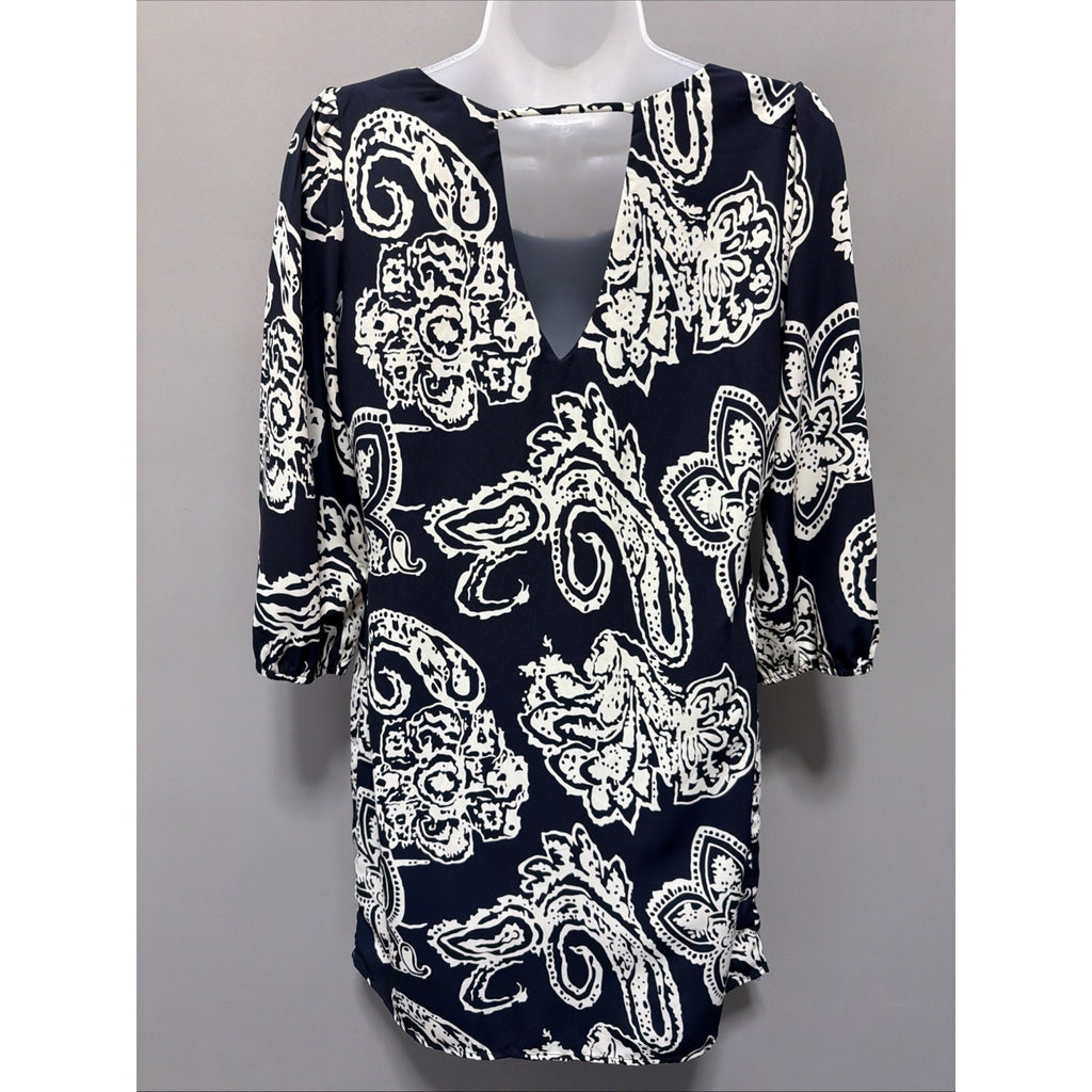 Pink Owl sz Small Lined Blue Paisley 3/4 sleeve boho pullover Babydoll dress