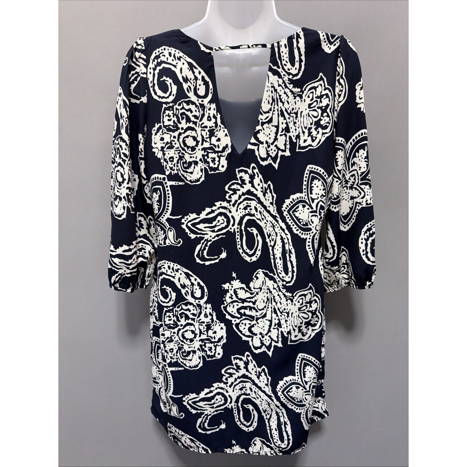 Pink Owl sz Small Lined Blue Paisley 3/4 sleeve boho pullover Babydoll dress