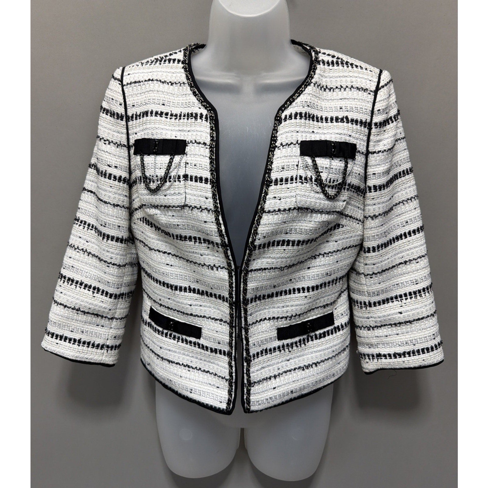 WHITE HOUSE BLACK MARKET blazer JACKET SZ 4 Lined metallic silver chain tweed