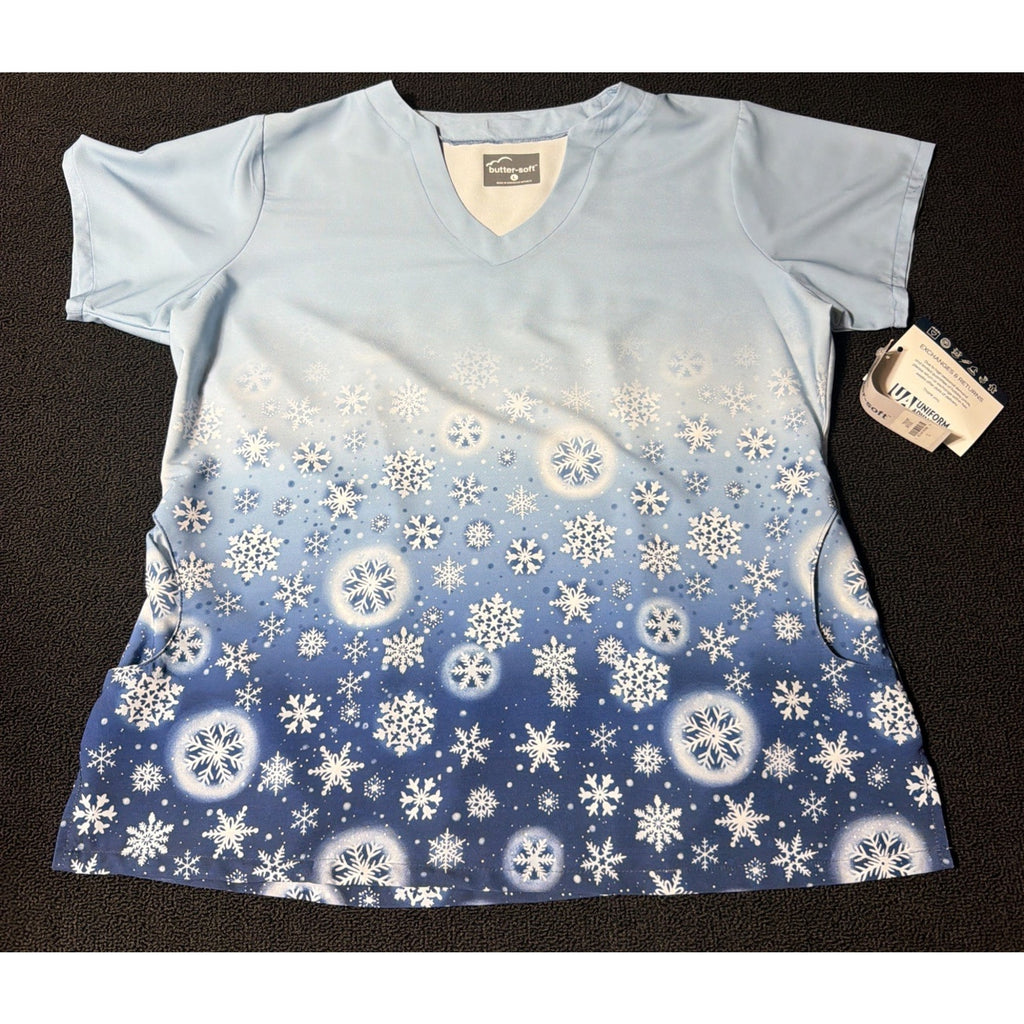 UA Scrubs Butter Soft Women's L Scrub Top Snowflake Blue Winter Christmas Stretc