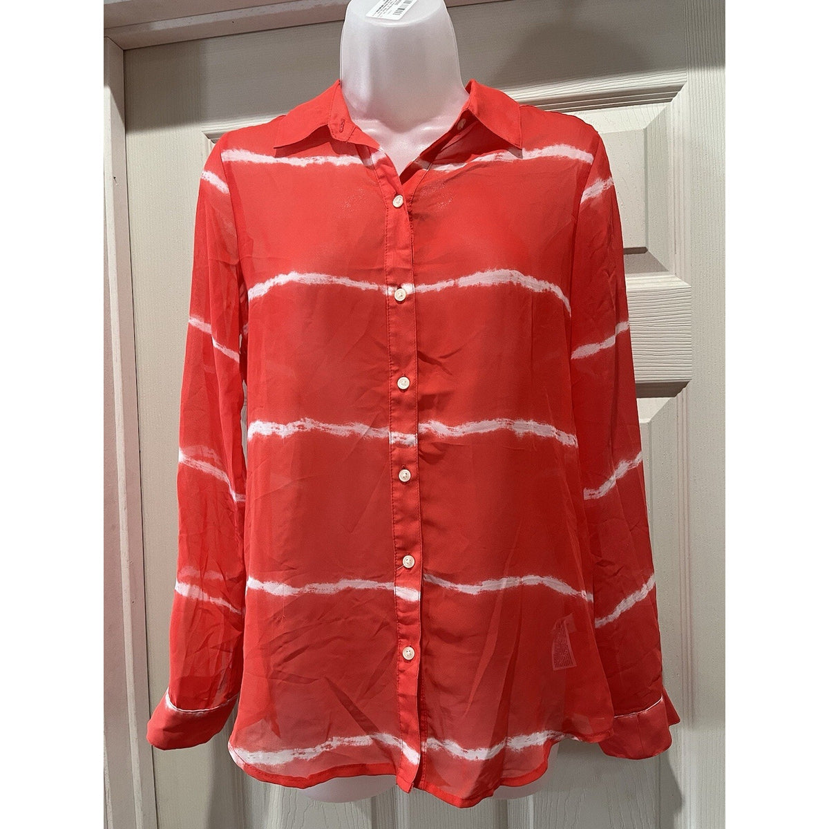 Old Navy Tye Dye Coral Orange Red Stripe Chiffon Shirt Size Small Button Up