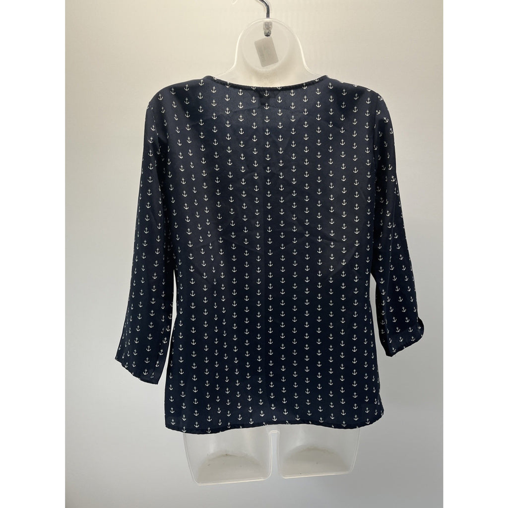 J. Crew Navy Blue White Nautical Anchor Print Blouse Top XS