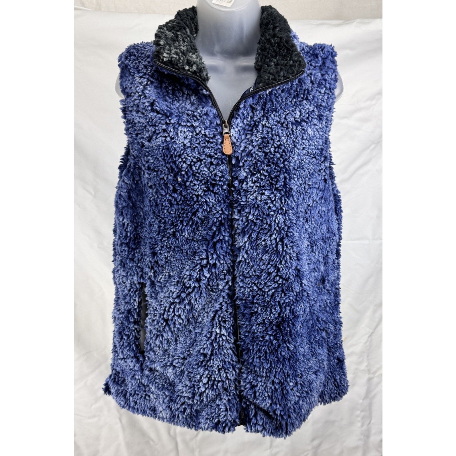 Simply Southern Vest Women's L Blue Black Faux Fur Full Zip Pockets Sleeveless