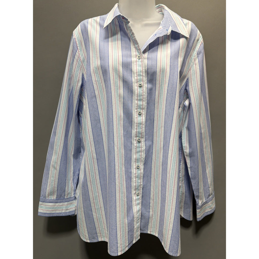 Talbots Women Career Top Blouse Shirt Size XL Gem Stone Striped Collared Cotton