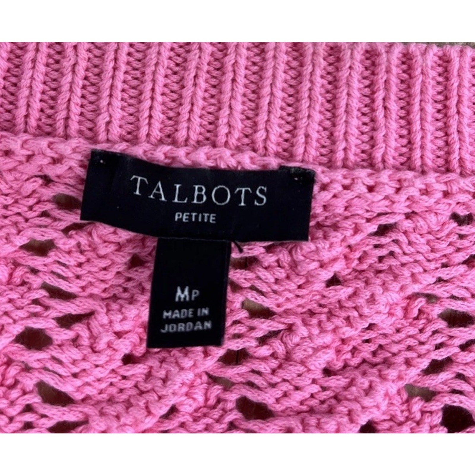 Talbots Sweater Womens M Petite 100% Cotton Open Knit Pullover Pink V Neck