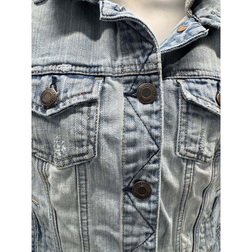 American Eagle Hooded Denim Jacket Size Juniors Medium Gray Fabric Sleeves
