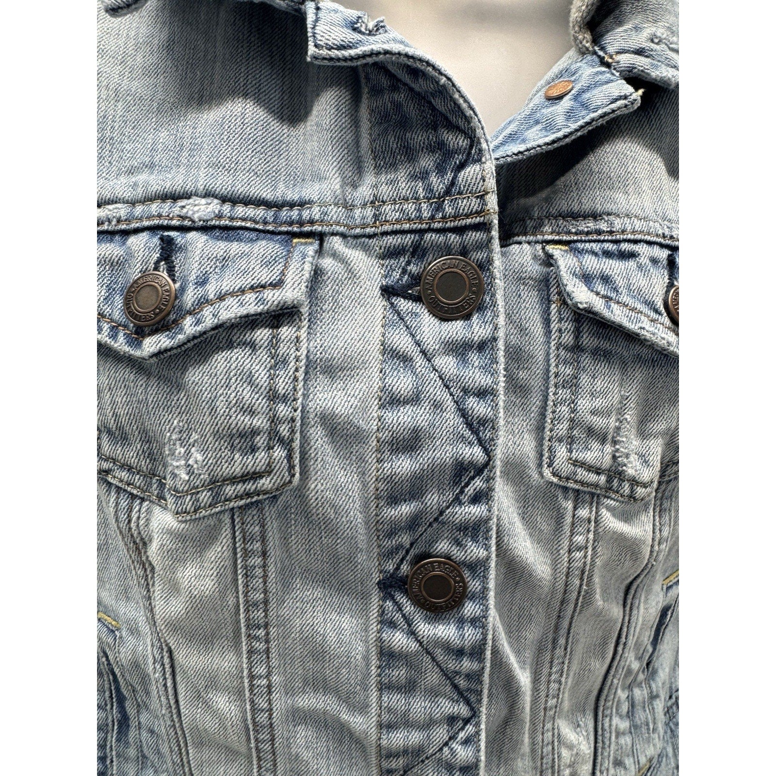American Eagle Hooded Denim Jacket Size Juniors Medium Gray Fabric Sleeves