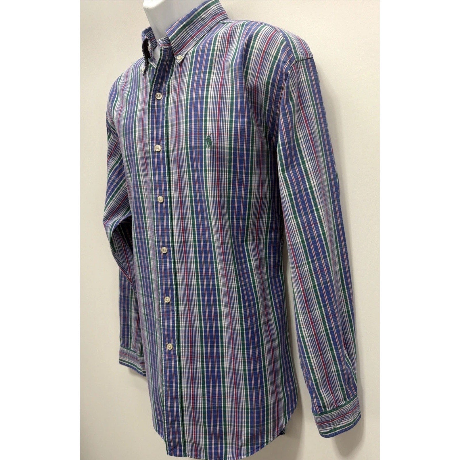 Vintage Ralph Lauren Blake Shirt Mens Large Blue Green Plaid Two-Ply Cotton EUC