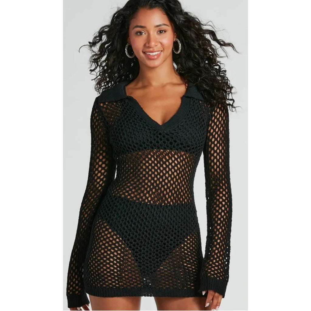 Windsor Stroll On The Beach Crotchet Cover Up Mini Dress Black Size Small NWT