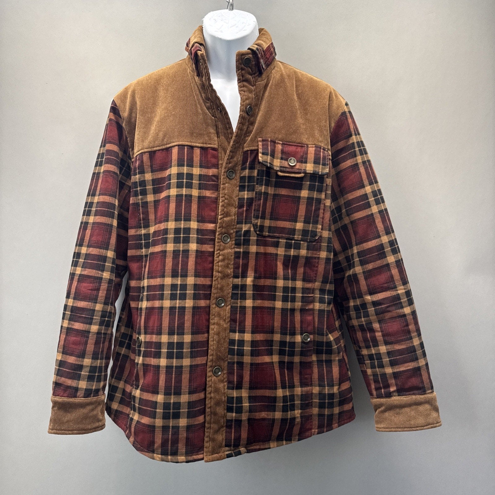 Military Supply Series Plaid Jacket Long Sleeve Shirt Button Front Faux Fur L