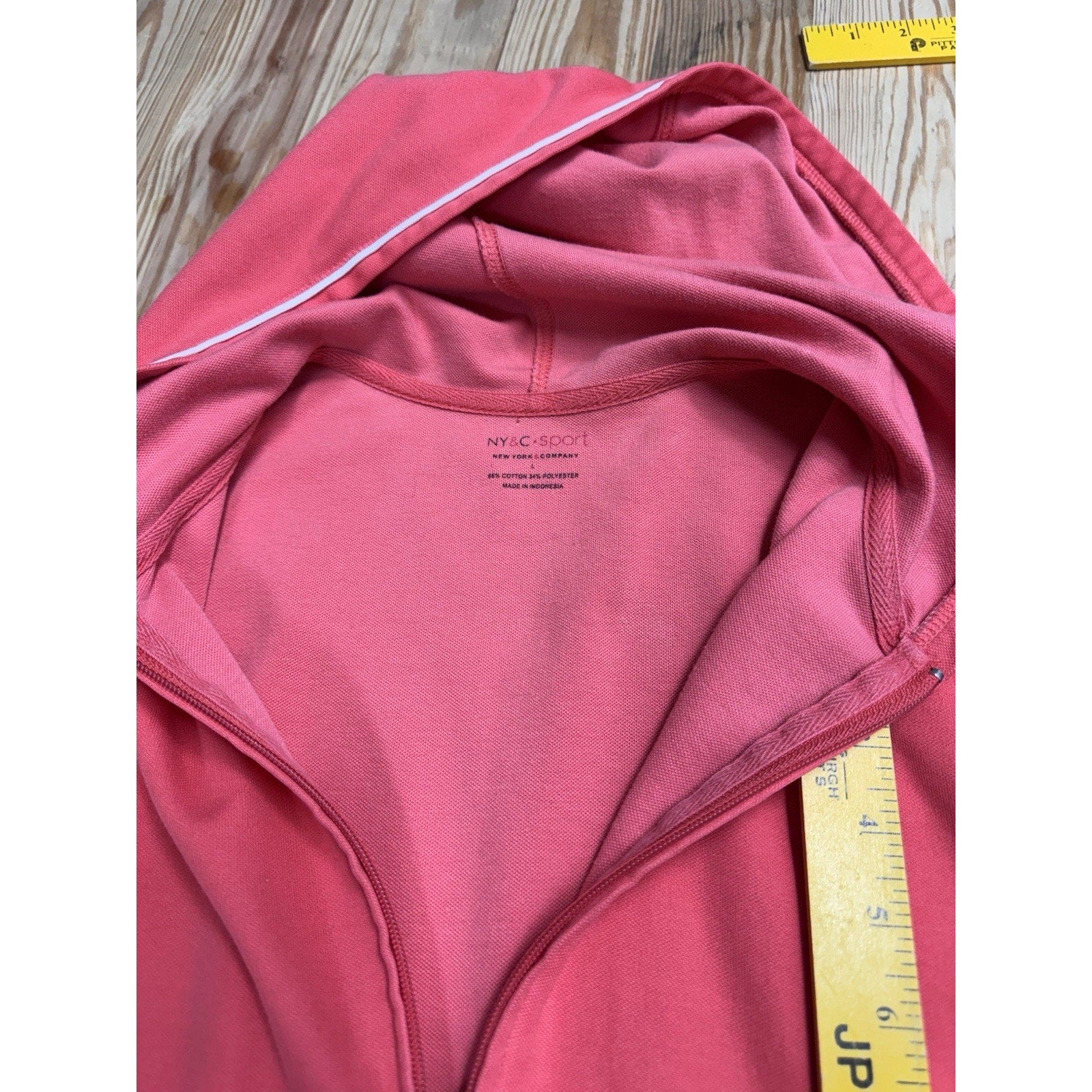 NY&CO Womens Sz L Pink Hoodie Pockets Full Zip White Trimmed